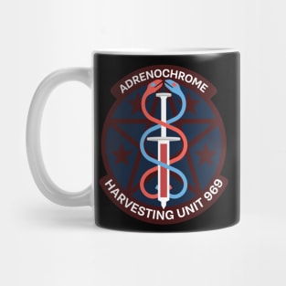 adrenochrome conspiracy emblem. satire. Mug